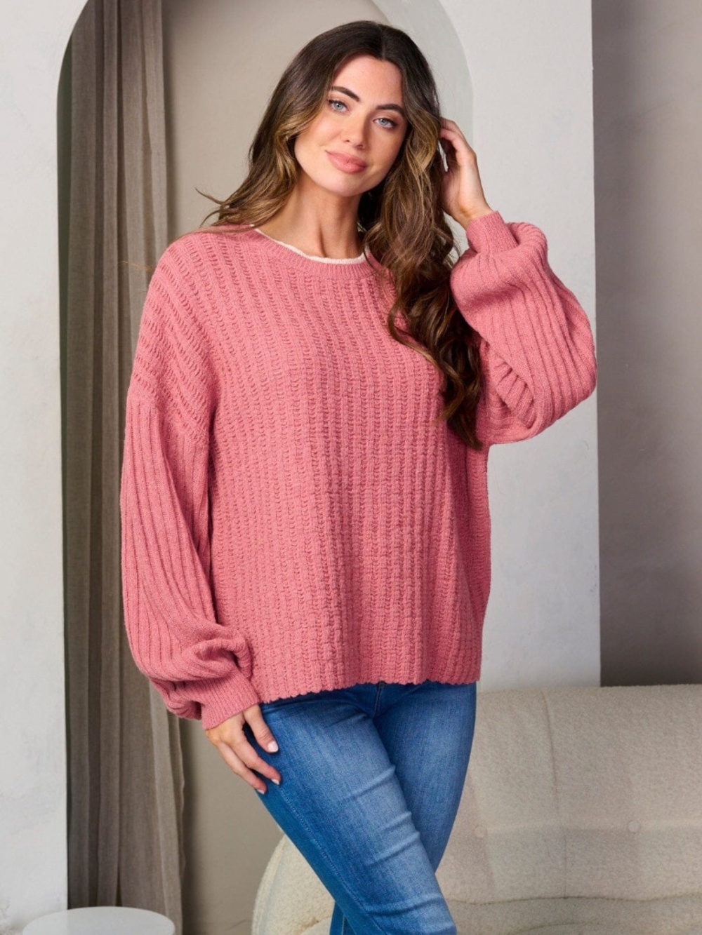 "New In" Women's Long Bell Sleeve Pullover Ribbed Sweater - Picture 2 of 12
